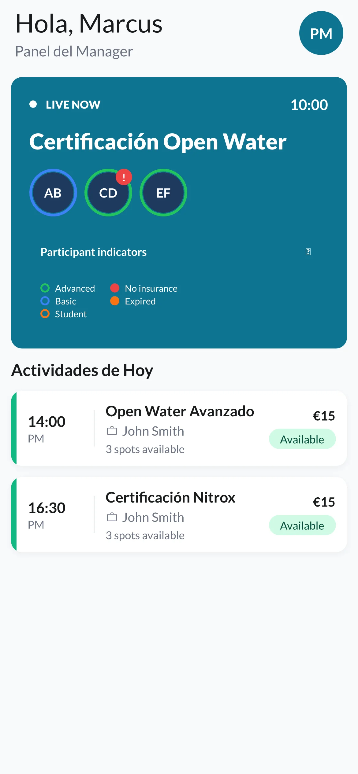 Panel de gestión con actividades en vivo